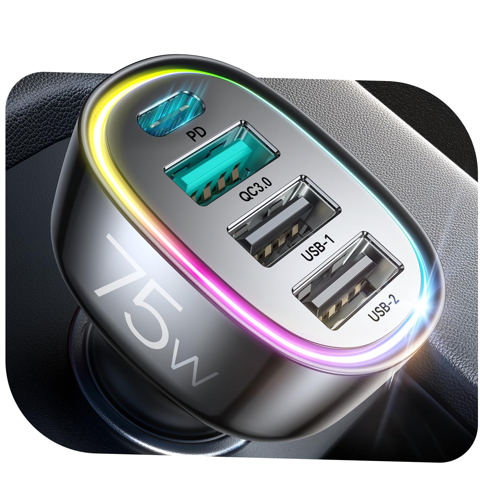 75W Car Charger USB C, 4 Port Super Fast Cigarette Lighter USB Charger, Type C 60W & QC 3.0 Multiport Car Phone Adapter Accessories for iPhone 17/16/15/14/13/12 Pro Samsung S26 Series