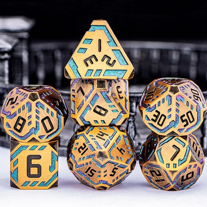 Metal DND Sci-fi Dice Set 7PCS Stripe Polyhedral Dice for Dungeons Dragons RPG Role Playing Game, Glitter D and D Dice with Gift Box D6 D8 D10 D12 D20 (Ancient Gold&Green Purple)
