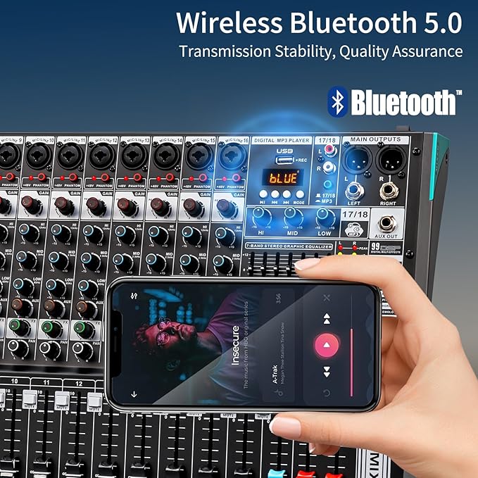Audio Mixer, TKLBLS Professional 16 Channel DJ Mixer Board with 99-Bit DSP, Sound Board Mixing Console 7-Band EQ Output, USB Audio Interface, Bluetooth 48V Phantom Power For Karaoke Studio Streaming
