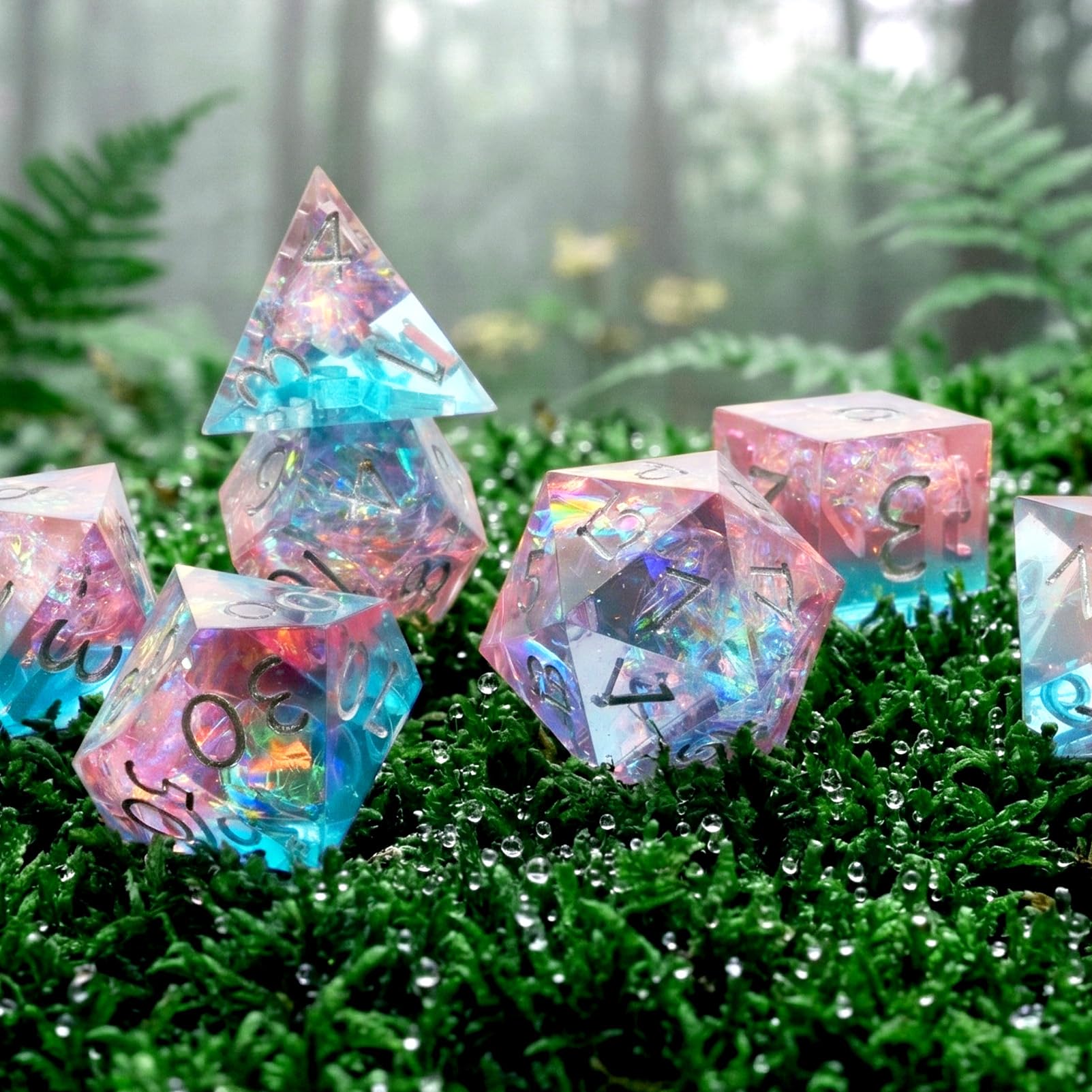 Haxtec Sparkling Sharp Edge Dice Set - Handmade Resin DND Dice with Iridescent Mylar Inclusion, Light Purple and Blue Color Mix-Enchanted Stardust