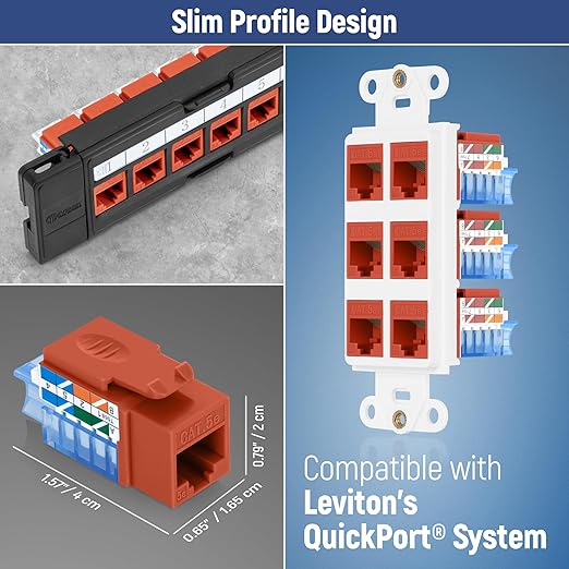 Everest 45° Angled RJ45 Cat5e Keystone Jacks 50-Pack in Orange - Slim Profile Female RJ45 Connectors - Cat 5e Keystone Jack - Compatible with 45° Angled Speed Termination Tool - 45Term (B0BL3GS7ZY)