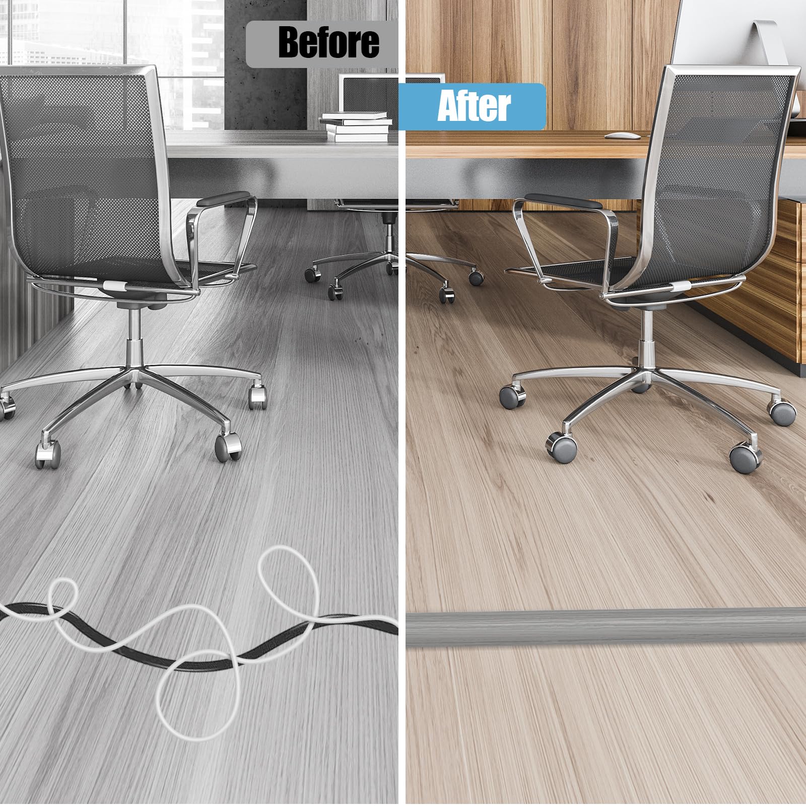 Floor Cord Cover Cavity 0.8"x0.37" Self Adhesive Cord Hider, 10FT Low Profile Cable Management, Extension Strip Protector for Wires, Prevent Cable Trips for Offices, Gyms, Exhibitions (Gray Wood)
