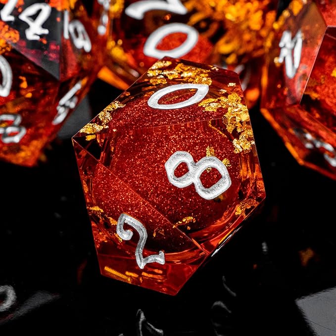 ARUOHHA Liquid Core DND Dice Set, 7pcs Resin Sharp Edged Dragons Dice Role Playing Games, RPG Silver Numbers Red Dungeons Polyhedral Dice with Gift Box D20 D12 D10 D8 D6 D4
