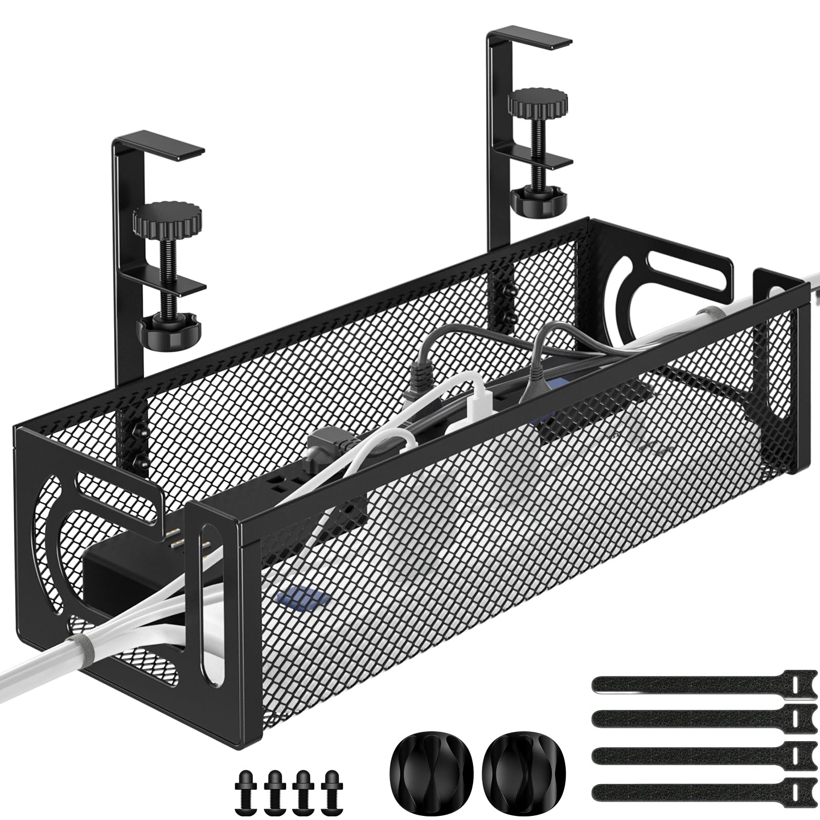 Under Desk Cable Management Tray, 15.7'' No Drill Steel Desk Cable Organizers, Wire Management Tray Cable Management Rack (1 Pack-Black)