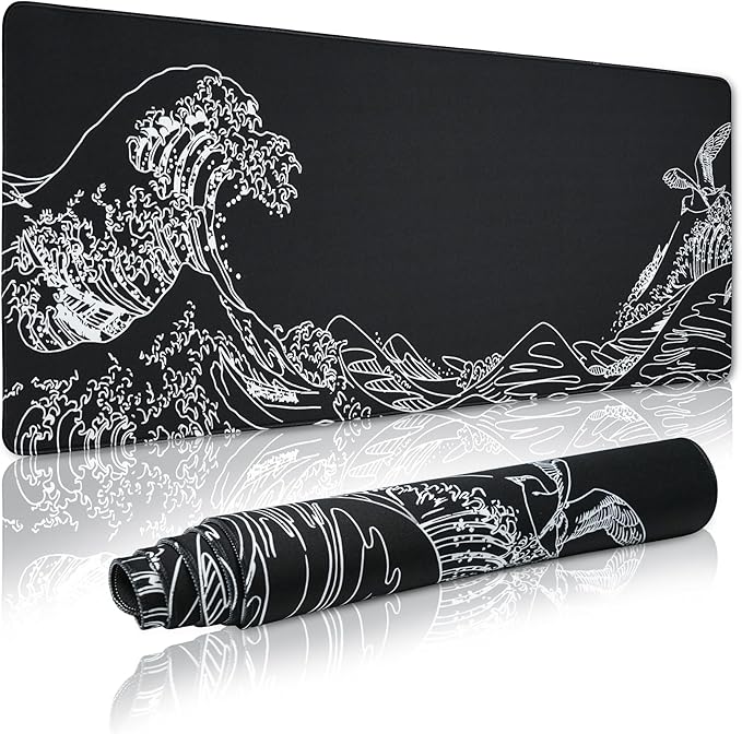 Large Gaming Mouse Pad for Desk,Kanagawa XXL Mouse Pad 35.4x15.7 Inch,Waterproof Desk Pad,Non-Slip Rubber Base Mice Pad,Keyboard Pad Computer Mat,Black Mouse pad