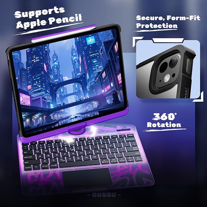 KITONE Transparent Case with Wireless Keyboard for iPad 10.2-in (7th, 8th, and 9th Gen), 7 Colors Backlight, Trackpad, 360°Rotating Stand, Tech Style