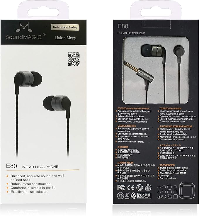 SoundMAGIC E80 Wired Earbuds, in-Ear Headphones with HiFi Stereo Sound and Noise Isolating, 3.5mm Jack for Phones and Laptops, No Mic (Gunmetal)
