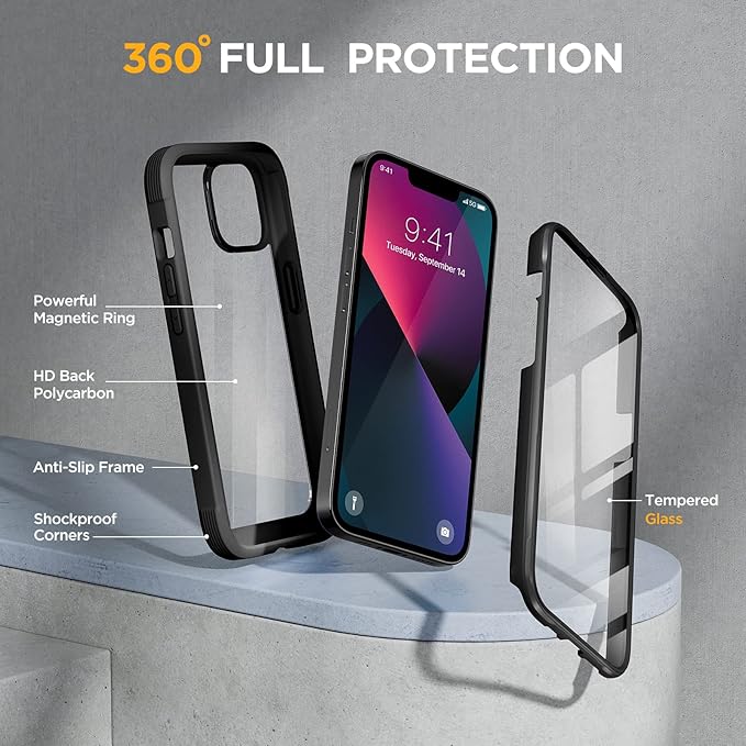 Miracase Compatible with iPhone 13 case 6.1 inch, 2021 Upgrade Full-Body Glass Clear Case Bumper Case with Built-in 9H Tempered Glass Screen Protector for iPhone 13,Black