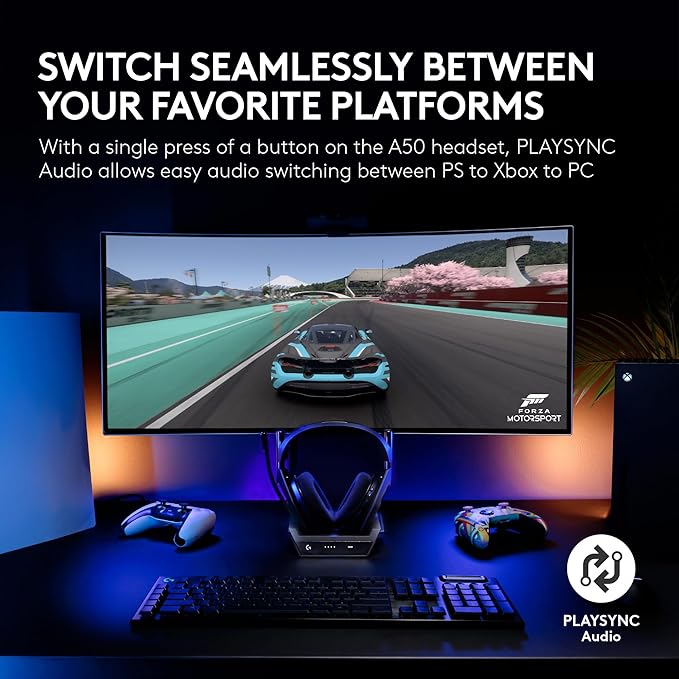 Logitech G Astro A50 Omni-Platform Wireless Gaming Headset + Base Station for PS5, Xbox, PC: PLAYSYNC Audio Switcher, <16 bit/48kHz (Console), <24 bit/48 kHz (PC), 24hr Battery, 2.4GHz & BT - White