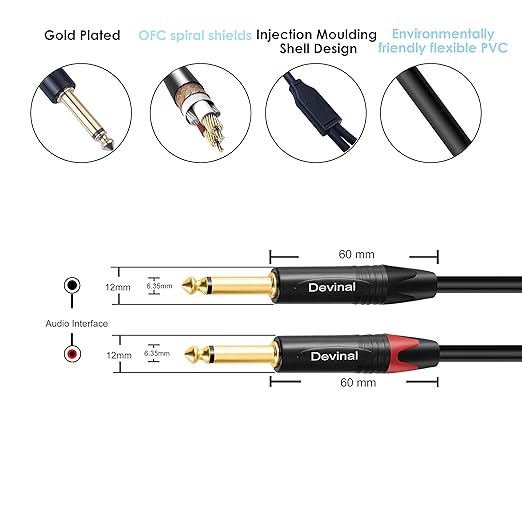 Devinal 1/4 to Dual 1/4 Y-Splitter Cable, 6.35mm TRS to Dual 6.35mm TS Insert Cable Cord, Quarter inch Stereo to 2 Quarter inch Mono Send and Return Patch Cord 6 Feet