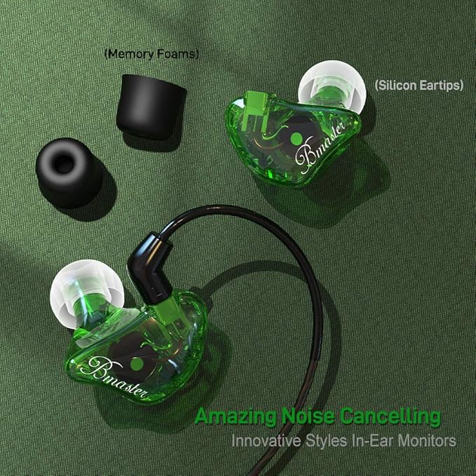 BASN in-Ear Monitors, Bmaster Triple Driver HiFi Stereo Noise-Isolating in-Ear Headphones with Two Detachable MMCX Cables for Stage/Audio Recording (Green)