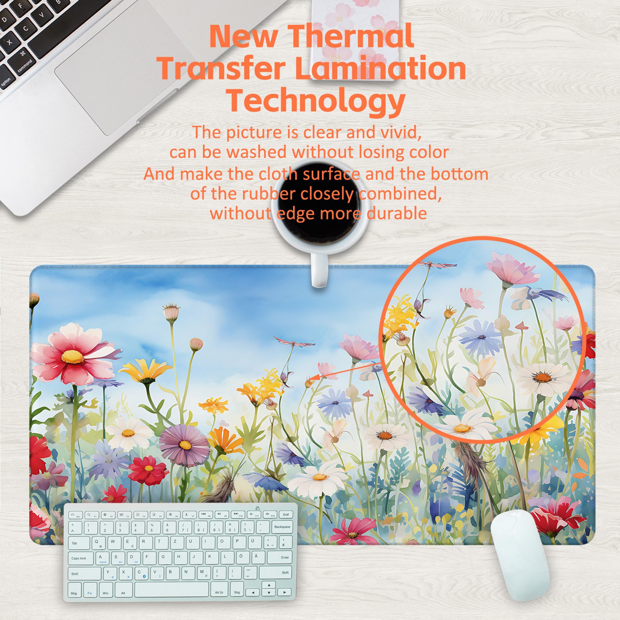 KOAIWPAE Large Gaming Mouse Pad, Colorful Wildflowers in Field Desk Mat, Watercolor Flowers Desk Pad, 31.5"x15.7" Extended Big Computer Keyboard Mouse Pad with Non-Slip Base and Stitched Edge