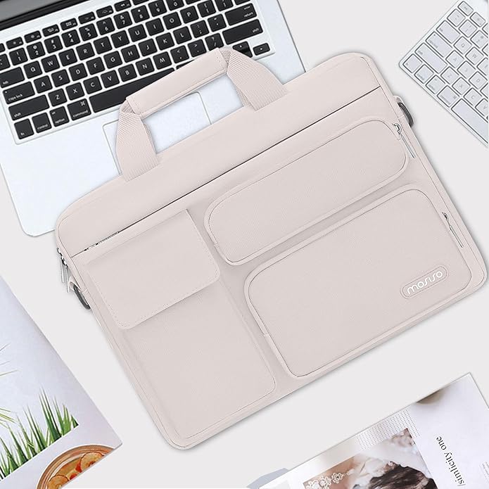MOSISO Laptop Shoulder Bag, Computer Bag with 2 Raised&1 Flapover&1 Horizontal Pocket&Handle&Belt