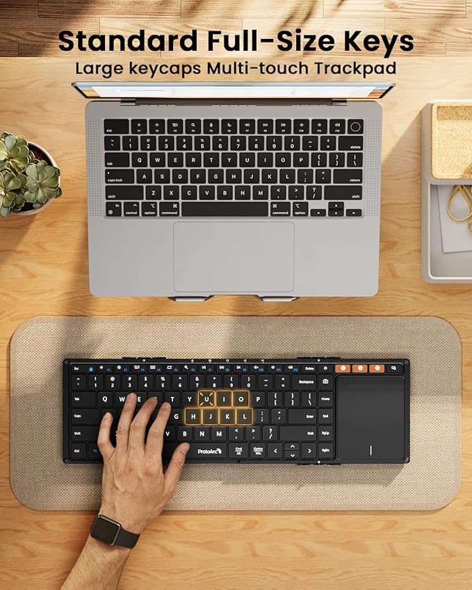 ProtoArc Foldable Keyboard with Touchpad, XK01 TP Folding Portable Keyboard, Full Size Keys, Large Trackpad Bluetooth Travel Keyboards for Laptop PC Tablet - Black