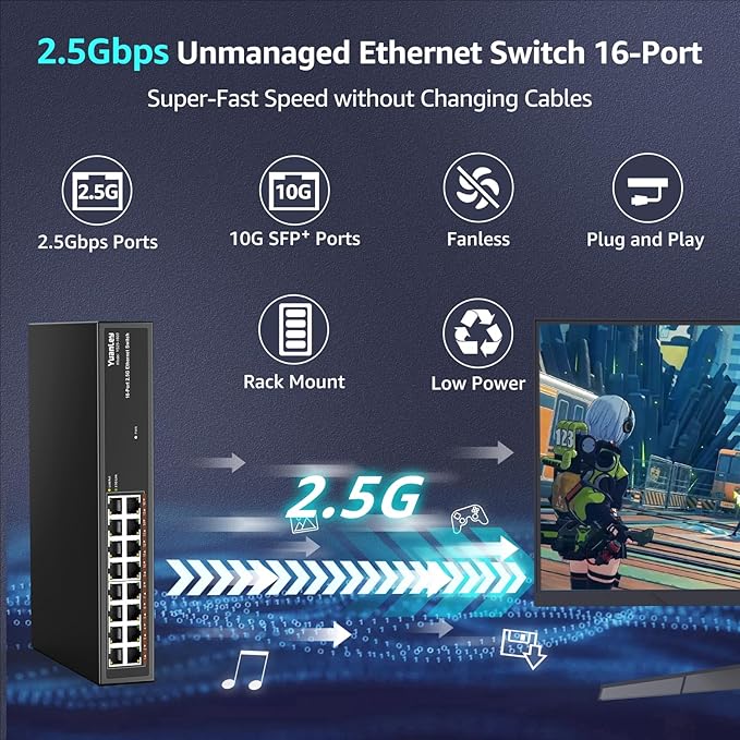 YuanLey 16 Port 2.5GB Umanaged Ethernet Switch, 16 x 2.5G Base-T Ports, Compatible with 100/1000/2500Mbps, Metal Fanless, Desktop/Rack Mount YuanLey 2.5 Gigabit Network Switch for Wireless AP, PC