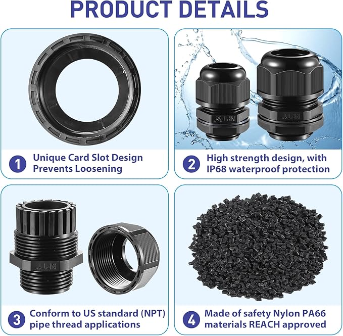 25 PCS 3/4"(12.5-18mm) NPT Nylon Cable Gland Joints with Gaskets, IP68 Adjustable Lock Nut Strain Relief Cord Grip Waterproof Cable Glands - UL Listed and RoHS Compliant