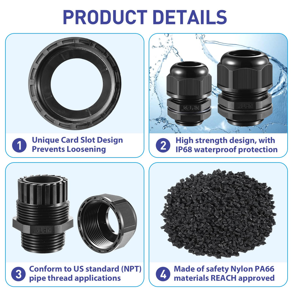 RTHIEAI 50 PCS 1/4"(4-8mm) NPT Nylon Cable Gland Joints with Gaskets, IP68 Adjustable Lock Nut Strain Relief Cord Grip Waterproof Cable Glands - UL Listed and RoHS Compliant