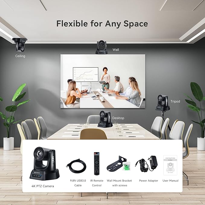 4K NDI PTZ Camera AI Auto-Tracking 20X Optical Zoom HDMI IP Live Streaming SDI USB3.0 PoE LAN Supports for Church Worship Event Video Conference YouTube OBS vMix Zoom Teams and More