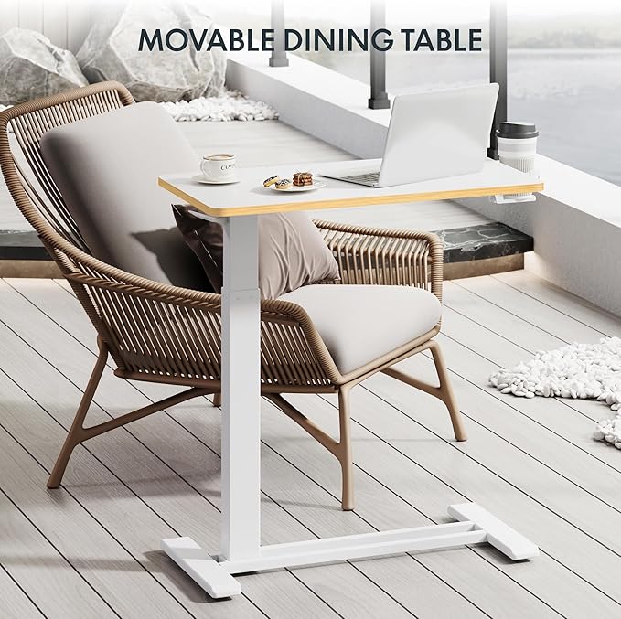 FLEXISPOT Mobile Standing Desk with Wheels Pneumatic Laptop Rolling Computer Cart Movable Height Adjustable Small Sit Stand Desk Computer Workstations Home Use（31.5" W x 17.7" D,White+Maple