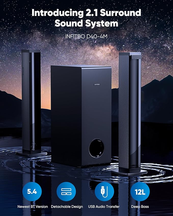 Sound Bar for Smart TV 2.1CH 190W Peak Power Soundbar with Subwoofer Detachable 2-in-1 BT 5.4 Surround Sound System 12L Deep Bass for PC Game with HD-ARC/Opt/USB/AUX Home Theater
