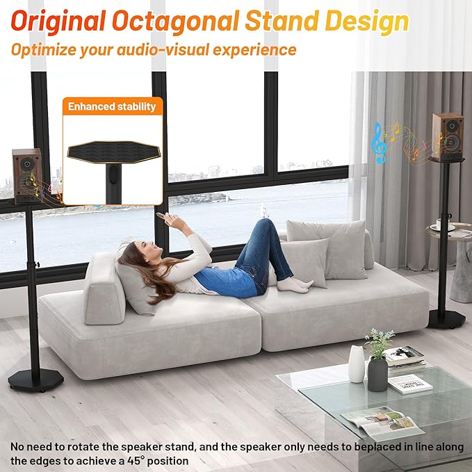 Universal Floor Speaker Stands Pair,Surround Sound Bookshelf Speaker Stands Support Up to 22 lbs for Home Theater Studio, 32.6" to 43" Height Adjustable