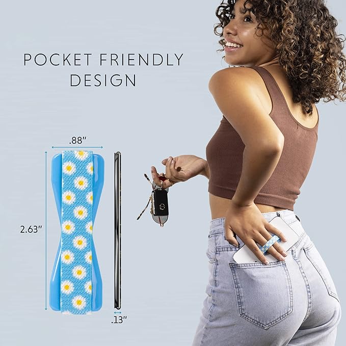 LOVEHANDLE Universal Phone Grip for Smartphones & Mini Tablets - Phone Holder for Hand - Wireless Charging Compatible - Made in The USA - Blue Happy Daisy