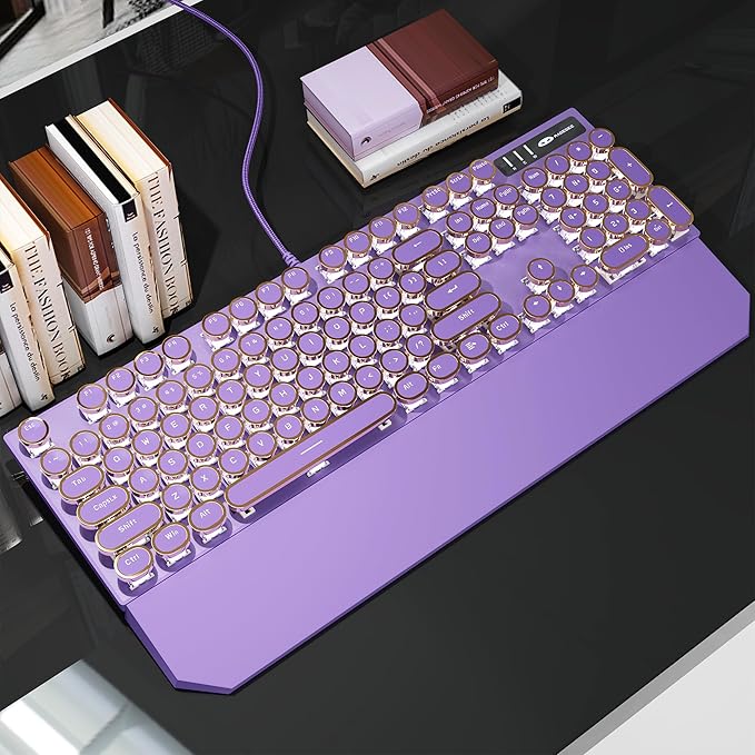 MageGee Typewriter Mechanical Gaming Keyboard, Retro Punk Purple Round Keycaps, 104 Keys LED White Backlit Wired Keyboards for Laptop MAC PC Gamer, with Magnetic Wrist Rest, Blue Switch