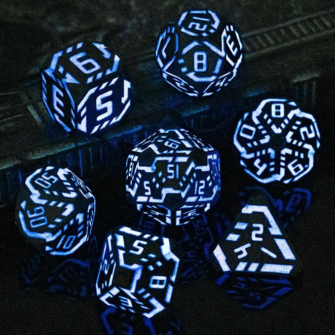 Metal DND Sci-fi Dice Set 7PCS Luminous Purple Stripe Polyhedral Dice for Dungeons Dragons RPG Role Playing Game, Glitter D and D Dice with Gift Box D6 D8 D10 D12 D20