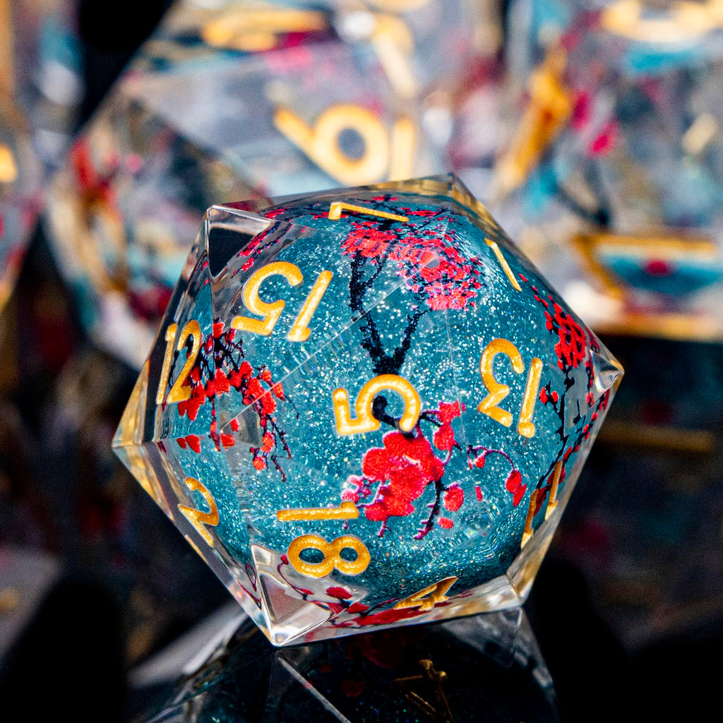 ORIFANTOU Plum Blossom DND Dice Blue Liquid Core Dice Set with Metal Box, Handmade Sharp Edge Dice D and D Polyhedral Dice for use with D&D RPG Role Playing Game