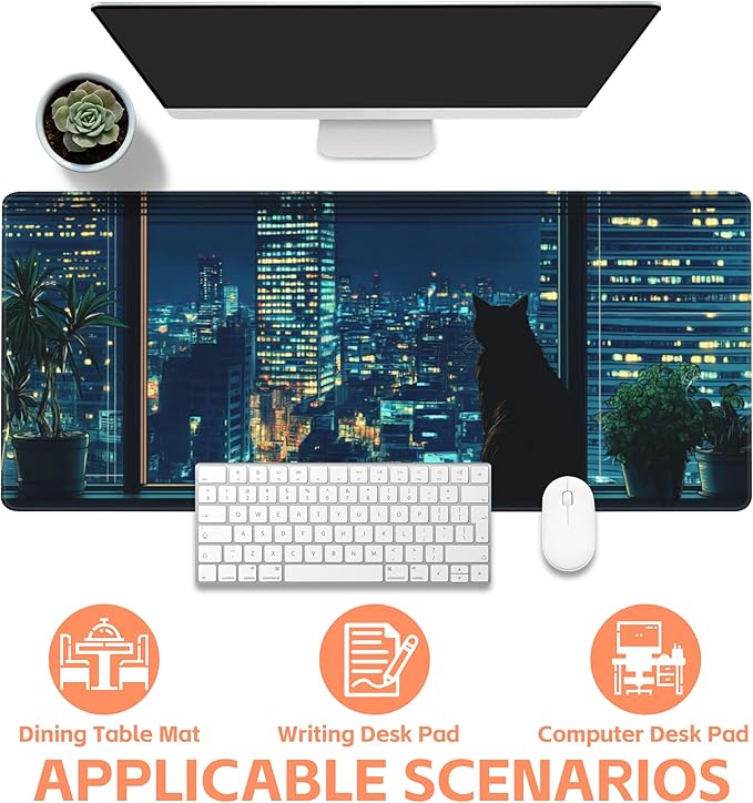Mouse Pad Large Black Cat Non-Slip Gaming Desk Mat with Stitched Edge Laptop Keyboard Desk Pad for Work Home Gaming (35.4 x 15.7 Inches)