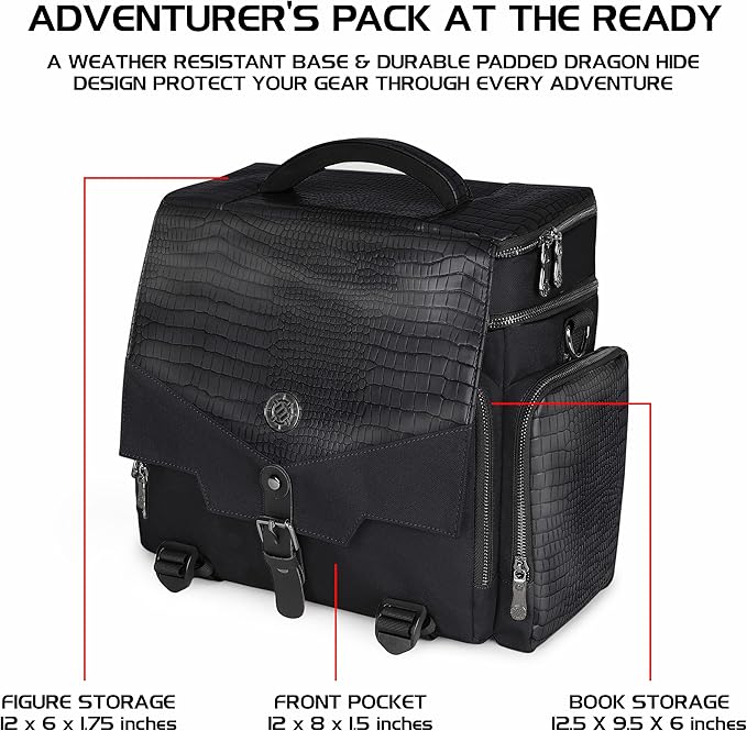 ENHANCE Collector's Edition RPG Adventurer's DND Bag - Dragon Hide Exterior Travel RPG Bag with Tabletop Miniatures Storage Vault, Mat Holder, DND Dice & Token Pockets, Fits 4-8 Books (Dragon Black)