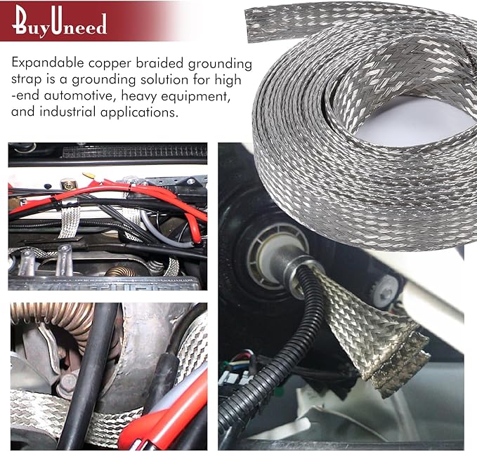 Tinned Copper Metal Braid Sleeving Wire Shielding Sleeve Braided Copper Ground Straps EMI/RFI Interference Expandable Flat Mesh Shielding Cable for Protect Wire (5/16inch-22ft)