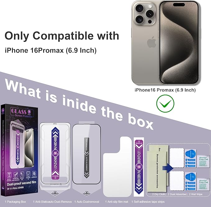2 Pack Screen Protector for iPhone 16 Pro Max, 9H Tempered Glass, Full Coverage, Anti-Fingerprint, Auto Dust-Elimination, No Bubble, Easy Installation