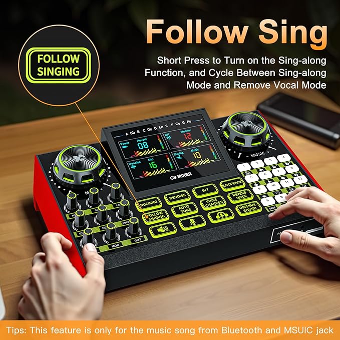 Audio mixer, suitable for live streaming, singing, and gaming on computer/phone; soundboard for 3.5mm condenser microphone; podcast mixer with live sound card, noise reduction, and one-touch mute