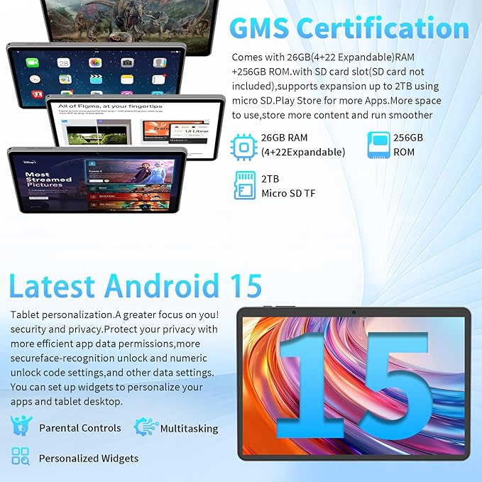 Android 15 Tablet 10 Inch, 26GB RAM+256GB ROM/2TB Expandable Tablet, 2 in 1 Tablets with Keyboard Case Mouse Stylus, 2.0GHz Octa-core CPU, IPS HD Screen, 5G WiFi BT 5.0, 8000mAh Battery (Black)