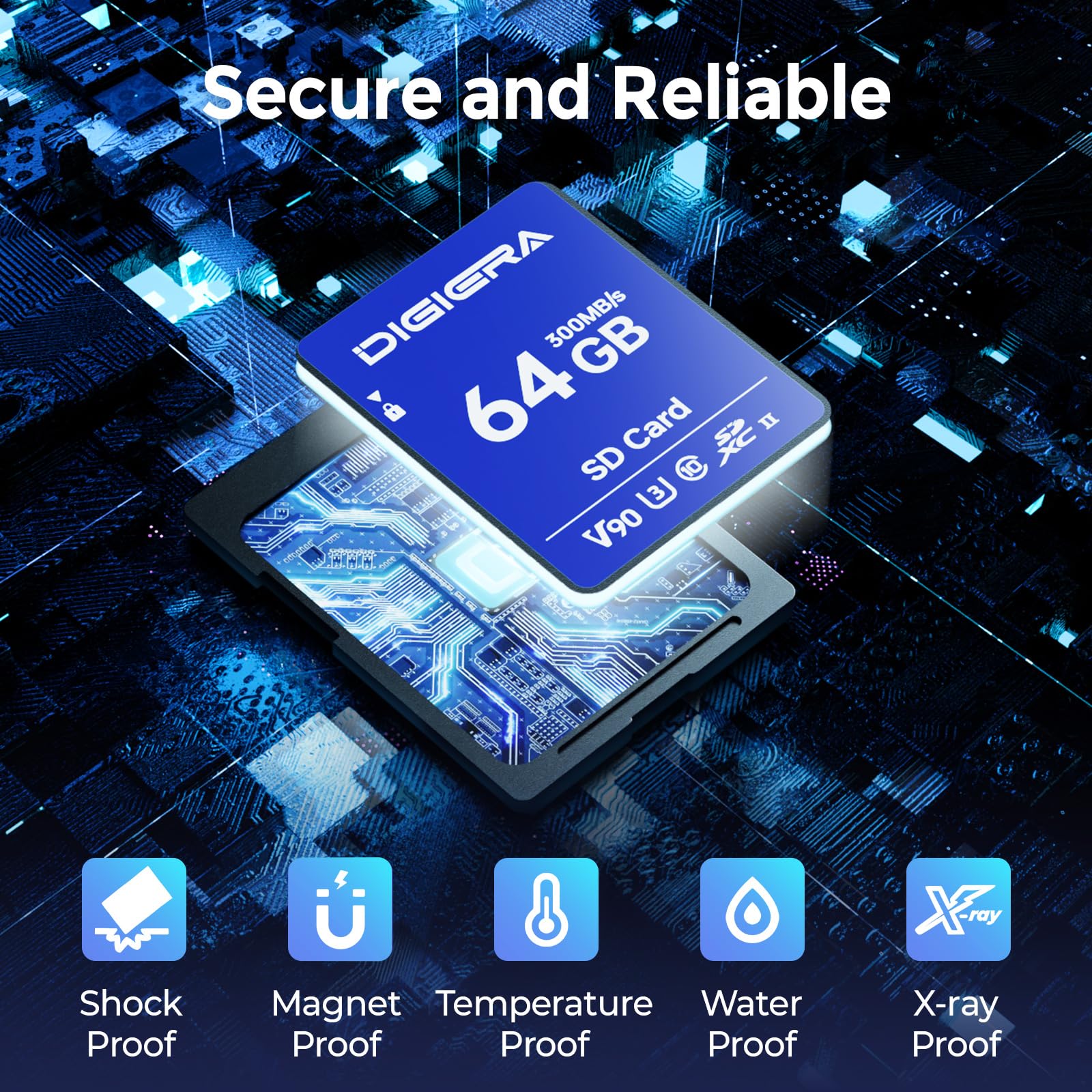 DIGIERA 64GB LSU200 SDXC UHS-II Memory Card - up to 300MB/s, C10, U3, V90, 8K, SD Card for Computers, Digital Cameras, Home Theatre Devices, Car Navigation Systems (1 Pack)