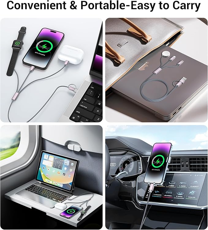 Temdan for Travel Essentials,3 in 2 USB C Cable for Apple Watch Charger/iPhone 16 Charger/Lightning,Multi Charging Cable Cord,Vacation Camping Essentials,Portable Designed for iWatch &iPhone 16-12-4FT