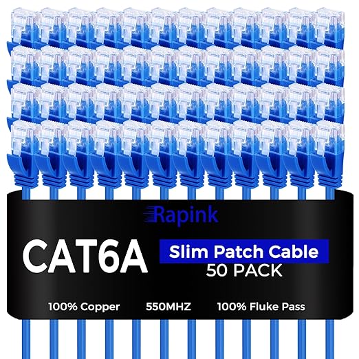 Rapink Patch Cables Cat6a 3ft (50 Pack) Slim, Cat6a Ethernet Patch Cable 10G Support, Snagless Cat 6 Patch Cable for Patch Panel to Switch, Flexiable Cat 6a Ethernet Cable with Gold Plated
