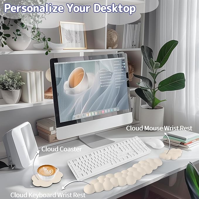 Cloud Wrist Rest for Keyboard and Mouse, Memory Foam PU Leather Keyboard Wrist Rest with Ergonomic Support, Non-Slip Base, Cute Arm Rest Pad & Palm Cushion, Office Desk Accessory, Beige