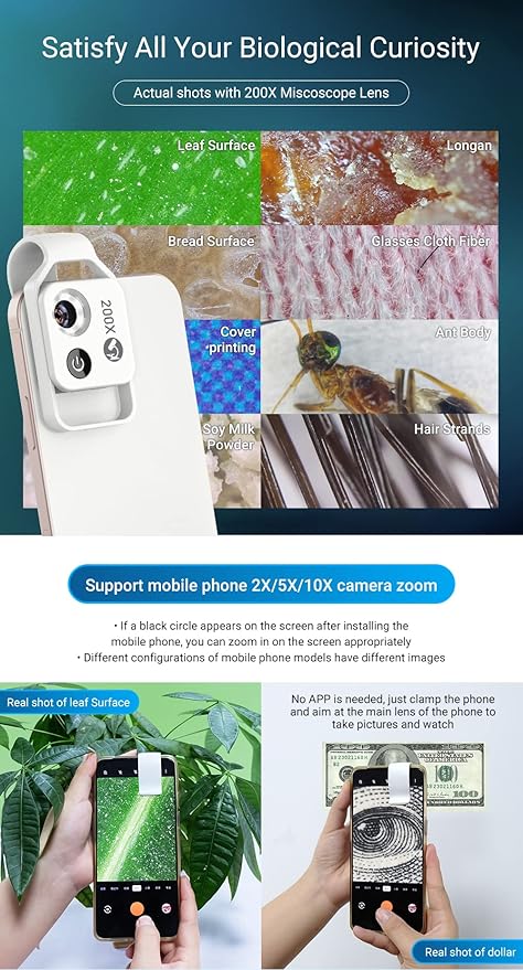 200X Magnification Microscope Lens withCPL Mobile LED Light Micro Pocket Macro Lenses for iPhone Samsung All Smartphones (White with CPL)