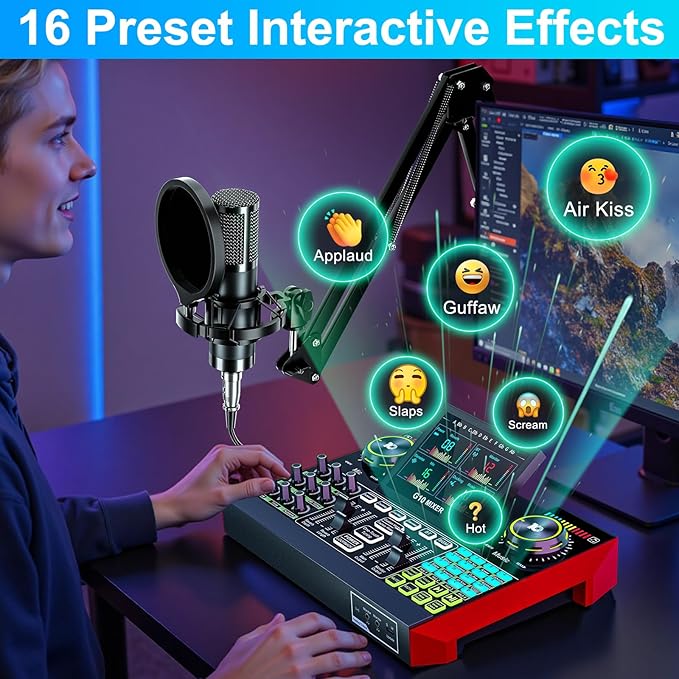 Podcast Equipment Bundle with 3.5mm Condenser Microphone for Pc/Phone Live Streaming Singing Gaming, Podcast Microphone Bundle with Live Sound Board Audio Mixer,Voice Changer, Denoise,DJ Sets