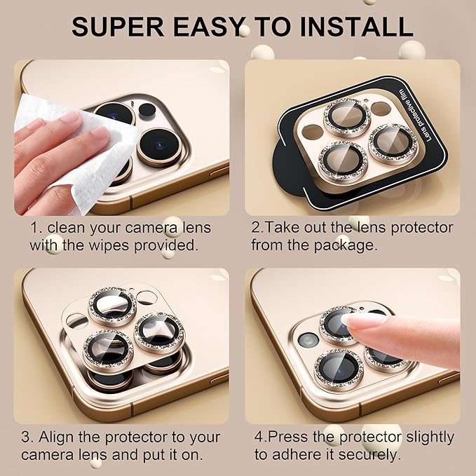 beuxece Compatible for iPhone 16 Pro/iPhone 16 Pro Max Camera Lens Protector, Bling Metal Tempered Glass Camera Screen Cover Accessories [Strong Adsorption][Case-Friendly]- Glitter Titanium Desert