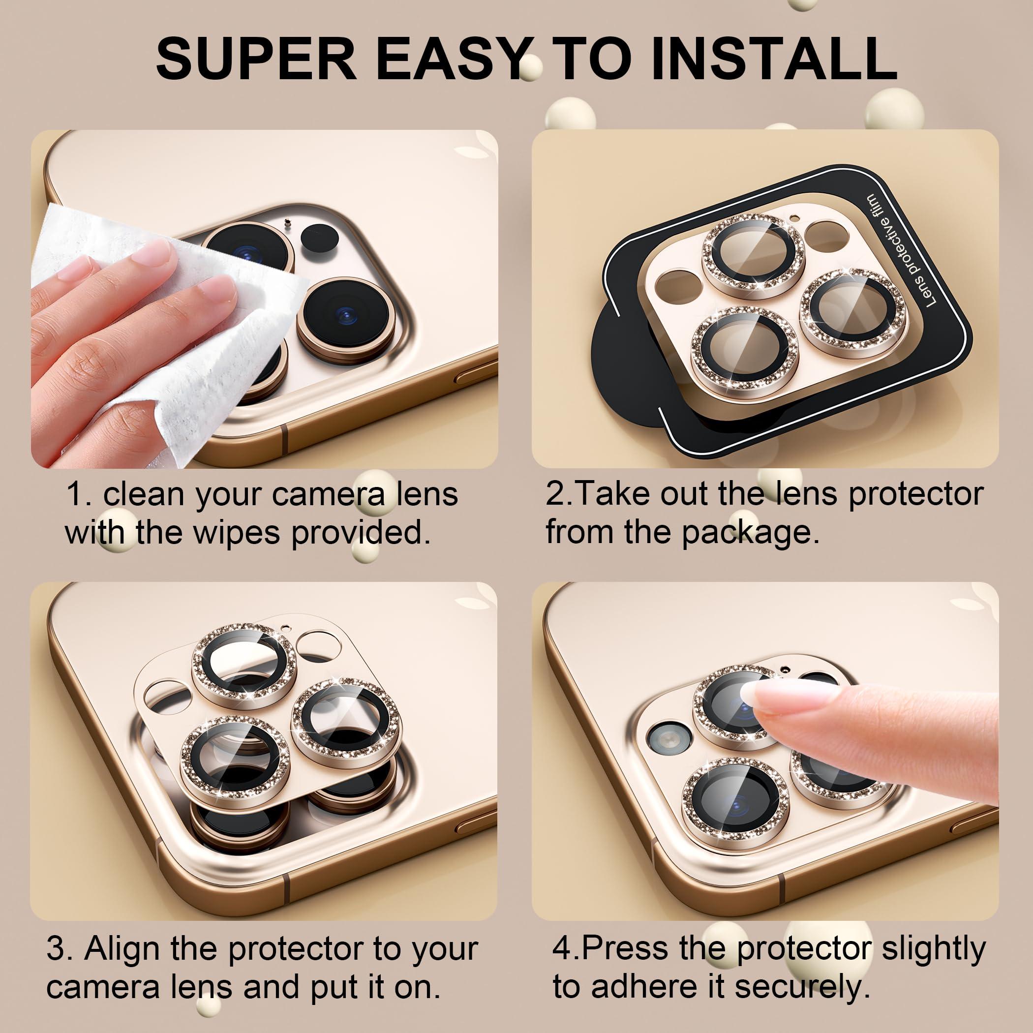 beuxece Compatible for iPhone 16 Pro/iPhone 16 Pro Max Camera Lens Protector, Bling Metal Tempered Glass Camera Screen Cover Accessories [Strong Adsorption][Case-Friendly]- Glitter Titanium Desert