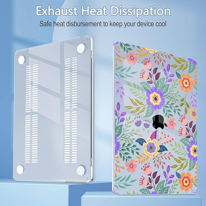 Mektron for 2025 MacBook Air 15 inch M4 Case A3241/ 2024 M3 A3114/ 2023 A2941 M2 Hard Printed Case with 15.3 Liquid Retina Display Touch ID, Plastic Hard Cover & Keyboard Skin- Floral C139-Blue