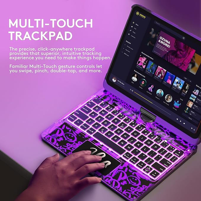 GUSGU Transparent Case with Wireless Keyboard for iPad 11th Gen 11-in.(A16, 2025), 2022 iPad 10th Gen 10.9-in, 7 Colors Backlight, Trackpad, 360°Rotating Stand, Tech Style