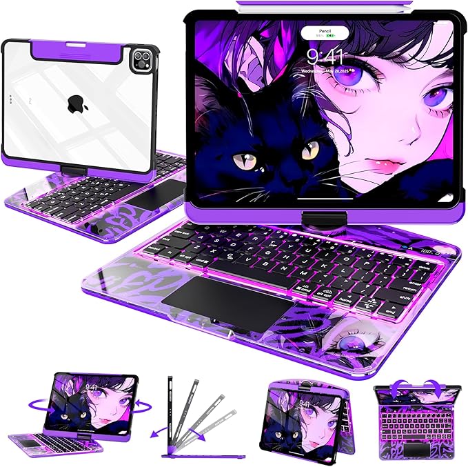 Intermerge Clear Keyboard Case for iPad Pro 11" (M4) 2024 Only, 360° Swivel Multi-Touch Trackpad, 7-Color RGB Backlit, Pencil Holder, Type-C, Power Indicator, Neon Pulse