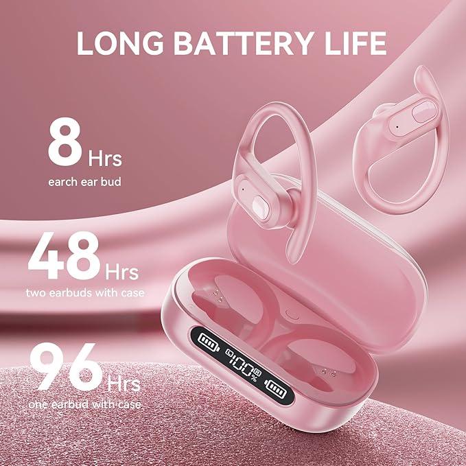 occiam Wireless Bluetooth Earbuds Sport Ear Buds Workout Headphones 96H Playback in-Ear Earphones with Earhooks Buit-in Mic Button Control Bass Stereo Headset for Gym Exercise Running Pink