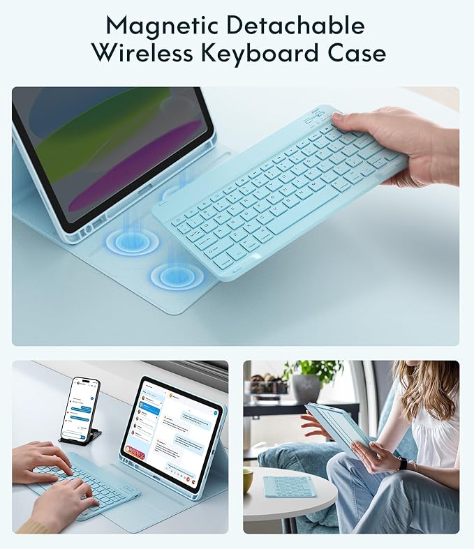 CHESONA Keyboard Case for iPad (A16) 11th/10th Generation (2025/2022), Detachable Wireless Keyboard, Stand Folio Keyboard Cover with Pencil Holder, Thin & Light (Light Blue)