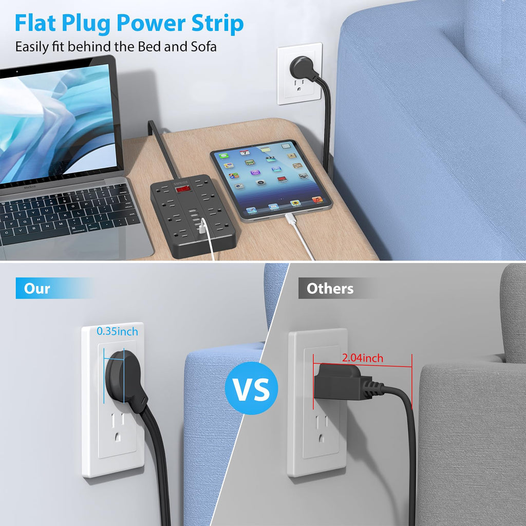 10 Ft Extension Cord Power Strip, SMNICE 8 Widely Spaced Outlets and 6 USB (1 USB C) Charging Ports Flat Plug Power Strip, Desktop Power Cord for Travel Home Office Accessories Black