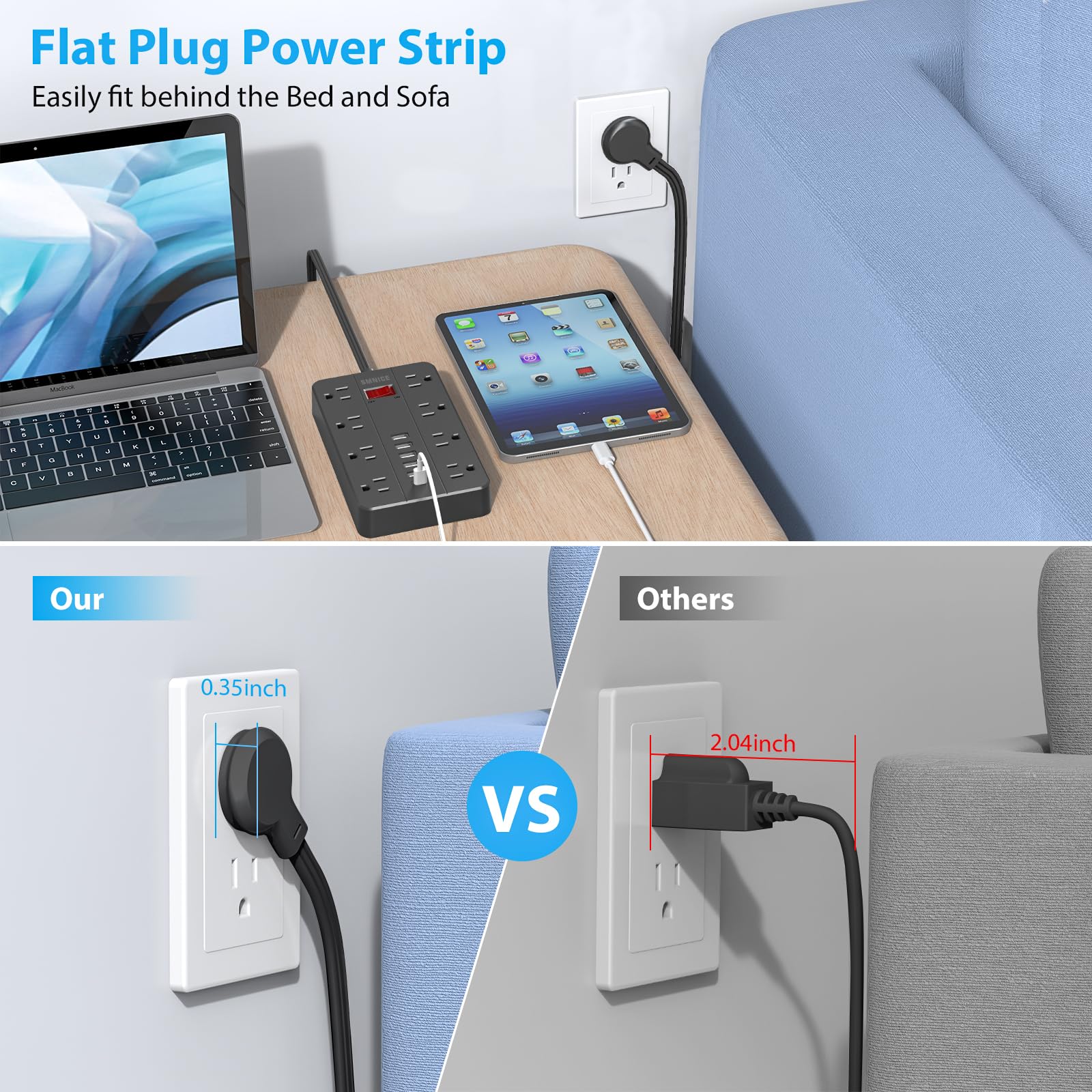 10 Ft Extension Cord Power Strip, SMNICE 8 Widely Spaced Outlets and 6 USB (1 USB C) Charging Ports Flat Plug Power Strip, Desktop Power Cord for Travel Home Office Accessories Black